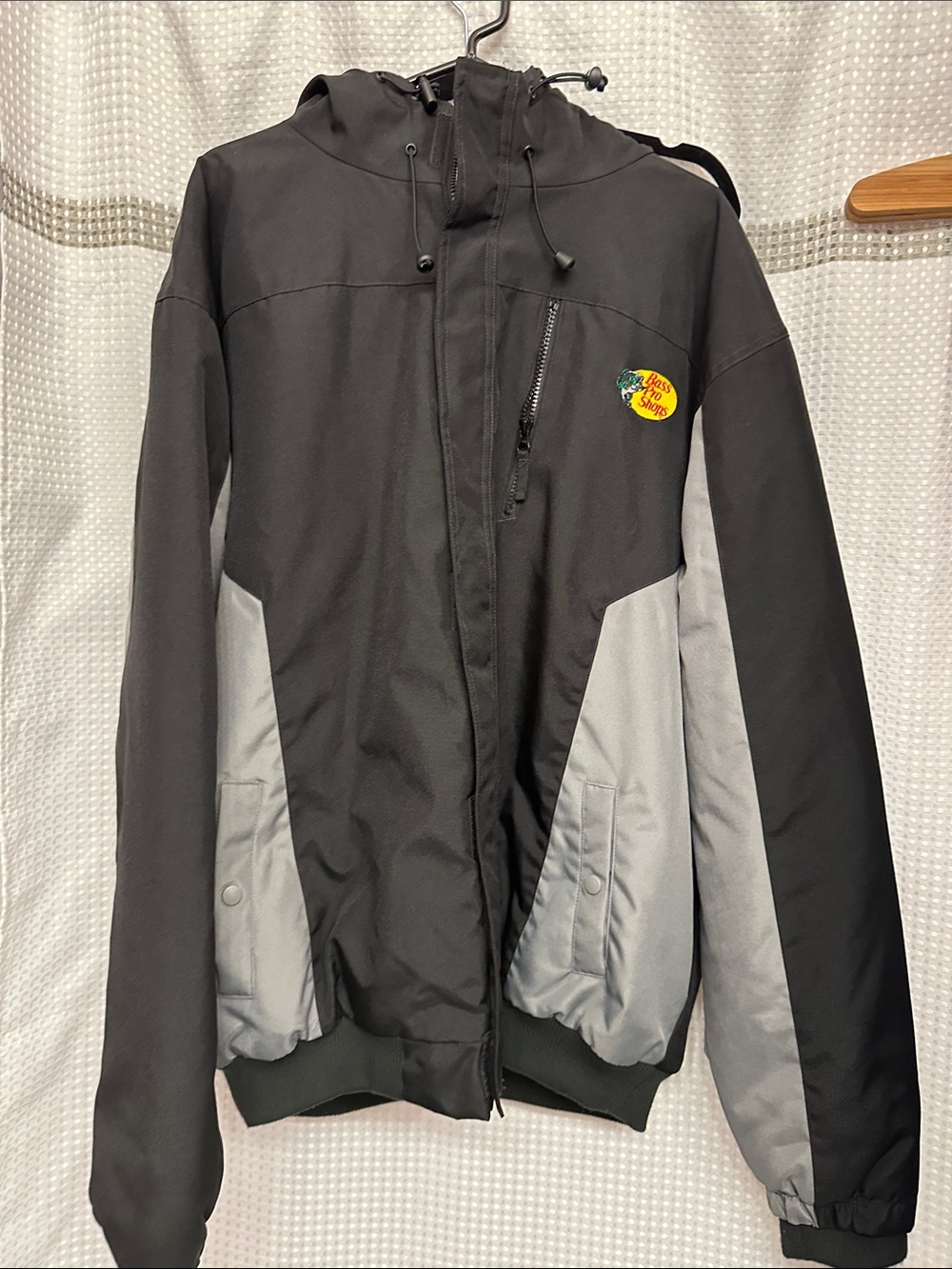 Bass Pro Shops Black and Gray Hooded Windbreaker Jacket